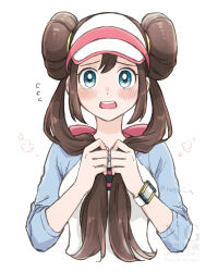  1girl blue_eyes blush brown_hair bunching_hair commentary cropped_torso double_bun flying_sweatdrops hair_bun hatori_a highres long_hair looking_at_viewer open_mouth pokemon pokemon_black_2_and_white_2 raglan_sleeves raised_inner_eyebrows rosa_(pokemon) shirt solo teeth three-quarter_sleeves twintails twitter_username upper_body upper_teeth_only visor_cap watermark xtransceiver 