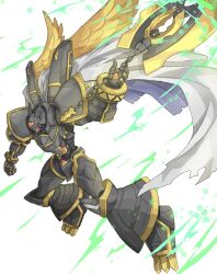  alphamon alphamon_ouryuuken armor black_armor black_helmet cape digimon digimon_(creature) forehead_jewel halberd helmet highres knight mix_(candlmix) polearm weapon white_cape wings x-antibody 