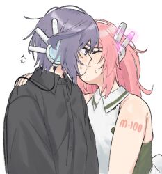  2girls 522_2536 black_shirt kiss momone_momo multiple_girls nervous_sweating pink_hair purple_hair robot_ears shirt sleeveless sweat utane_uta utau violet_eyes yuri 