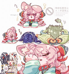  +++ 1boy 3girls animal_ear_fluff animal_ears banyue_(zenless_zone_zero) black_hair blue_cloak blue_hair blush braid braided_twintails cloak closed_eyes commentary_request dialyn_(zenless_zone_zero) earrings furry furry_female green_shirt grey_hair hair_extensions hair_ornament highres holding holding_phone humanoid_robot jewelry long_hair lying motion_lines multicolored_hair multiple_girls on_stomach open_mouth phone pink_fur pink_hair promeia_(zenless_zone_zero) rabbit_ears rabbit_girl recording ring_hair_extensions robot robot_boy screw shirt simple_background sphere_hair_ornament split-color_hair usagiii_e very_long_hair white_background white_hair zenless_zone_zero zhao_(zenless_zone_zero) zzz 