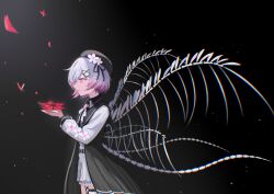 1girl beret black_background black_dress black_hat bug butterfly cherry_blossoms commentary_request dress expressionless flower from_side gradient_hair hair_flower hair_ornament hass4ku hat highres holding holding_flower light_particles long_sleeves mahou_shoujo_no_majo_saiban multicolored_hair neck_ribbon open_mouth pink_eyes pink_hair profile red_butterfly red_flower ribbon sakuraba_ema short_hair shorts skeletal_wings solo spoilers standing white_flower white_hair white_ribbon white_shorts wings witch_(manosaba) x_hair_ornament 