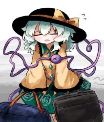  1girl bag black_hat blue_bag blush bow brown_bag buttons closed_eyes collared_shirt diamond_button disembodied_linked_eye eyeball facing_viewer floral_print flying_sweatdrops frilled_shirt_collar frilled_sleeves frills green_hair green_skirt hair_between_eyes hat hat_bow heart heart_of_string heripantomorrow holding holding_bag komeiji_koishi long_hair long_sleeves print_skirt rose_print shirt skirt solo sweat touhou wide_sleeves yellow_bow yellow_shirt 