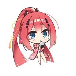  1girl blue_eyes blunt_bangs blunt_ends blush_stickers braid cherry_blossom_print chinese_commentary commentary_request eating fake_horns floral_print floral_print_kimono food food_on_face full_body fuyou_lev hair_between_eyes hair_ornament hairclip holding holding_food horns invisible_chair japanese_clothes kamiyama_shiki kimono komowata_haruka_(style) long_hair looking_at_viewer onigiri open_clothes open_kimono pink_kimono ponytail print_kimono red_hair side_braid sidelocks simple_background sitting solo split_ponytail summer_pockets tassel tassel_hair_ornament transparent_background very_long_hair 