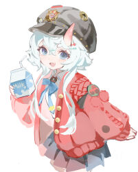  1girl :d absurdres black_hat black_skirt blue_bow blue_bowtie blue_eyes blue_hair bow bowtie cardigan collared_shirt commentary cowboy_shot double-parted_bangs drink_carton drinking_straw eoboong fang hair_between_eyes hat highres holding holding_drink_carton holding_milk_carton horns long_hair long_sleeves looking_at_viewer milk_carton miniskirt neverness_to_everness open_cardigan open_clothes open_mouth pleated_skirt red_cardigan sakiri_(neverness_to_everness) shirt simple_background single_horn skin_fang skirt smile solo white_background white_shirt 