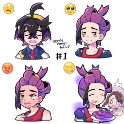  1boy 1girl black_hair blue_shirt blush closed_eyes closed_mouth collarbone collared_shirt commentary_request emoji food frown hairband highres holding holding_plate jacket juliana_(pokemon) kieran_(pokemon) meeee_hitsuji mochi mole mole_on_neck necktie open_mouth plate pokemon pokemon_scarlet_and_violet purple_hair raised_inner_eyebrows red_necktie red_shirt shirt shoulder_blush smile split_mouth sweatdrop tearing_up teeth tongue tongue_out translation_request upper_teeth_only white_background yellow_eyes yellow_hairband 
