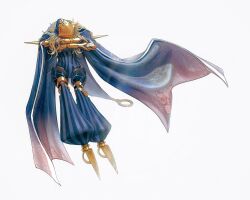  1boy absurdres armor avicebron_(fate) blonde_hair cape covered_face crossed_arms doll_joints facing_to_the_side fate/apocrypha fate_(series) floating floating_cape full_body gold_mask highres joints levitation long_hair pev7o2 simple_background solo white_background 
