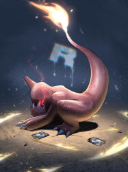  charmeleon chromatic_aberration claws eye_trail fire flame-tipped_tail full_body highres light_trail no_humans pokemon pokemon_(creature) pokemon_tcg red_eyes retrogalit solo squatting tail team_rocket trading_card 