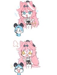  1girl animal_ears bikini blue_eyes breasts chattino_(raora_panthera) frostyjeiik gold_bikini hololive hololive_english long_hair multicolored_hair panther_ears panther_girl panther_tail pink_hair raora_panthera smile streaked_hair swimsuit tail virtual_youtuber 