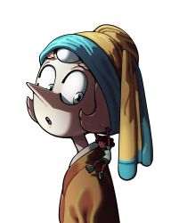  2girls :o alternate_costume blue_eyes commentary connie_maheswaran dark-skinned_female dark_skin desi discount-supervillain english_commentary fine_art_parody forehead_jewel gem gem_(steven_universe) girl_with_a_pearl_earring highres mini_person minigirl multiple_girls pale_skin parody pearl_(gemstone) pearl_(steven_universe) pointy_nose short_hair steven_universe toon_(style) very_dark_skin 