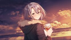  1girl breasts closed_mouth clouds cloudy_sky drink game_asset hair_between_eyes happiness_double_room highres holding holding_drink jacket long_hair looking_at_viewer looking_back minami_(happiness_double_room) non-web_source official_art open_clothes open_jacket outdoors purple_hair s.u._(simpleu818) self-datamine sky smile solo sunset variant_set violet_eyes water 
