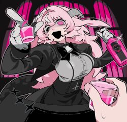  1girl :d @_@ animal_ears apron asymmetrical_horns backward-facing_horns bell black_apron black_bow black_bowtie black_eyes black_horns black_skirt black_sleeves bottle bow bowtie breasts center-flap_bangs collared_shirt commentary crazy_eyes cross cross-shaped_pupils cup double-parted_bangs femme_soule floppy_ears from_below gloves goat_ears goat_horns grey_gloves grey_horns grey_shirt grey_streaks hair_between_eyes hair_intakes head_tilt heterochromia highres holding holding_bottle holding_cup horns inverted_cross juliet_sleeves long_hair long_sleeves looking_at_viewer medium_breasts mismatched_horns mismatched_pupils multicolored_hair neck_bell open_mouth pink_eyes pink_hair poa_poa05 pov pov_hands puffy_sleeves pukey_goddess_shot_trick saliva shirt shoes skirt smile snake_tail star_(symbol) streaked_hair sweatdrop symbol-shaped_pupils tail untranslatable_commentary upper_body 