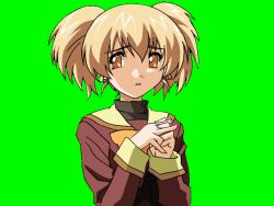  1990s_(style) 1girl blonde_hair bow breasts brown_serafuku game_asset green_background hair_between_eyes hands_up high-waist_skirt large_variant_set long_sleeves medium_breasts mikuni_miku non-web_source own_hands_together parted_lips raised_inner_eyebrows retro_artstyle school_uniform self-datamine serafuku short_twintails skirt solo standing tamaru_makoto tareme twintails upper_body variant_set visual_novel_cg yellow_bow yellow_eyes yuuwaku 