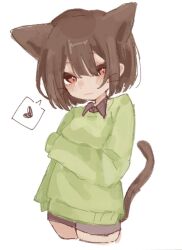  1other :3 androgynous animal_ears black_shirt blunt_ends blush bob_cut brown_hair brown_shorts cat_ears cat_girl cat_tail chara_(undertale) closed_mouth collared_shirt commentary cowboy_shot cropped_legs dress_shirt green_sweater hair_between_eyes heart highres kemonomimi_mode light_smile lom_(lom0612) long_sleeves looking_at_viewer loose_hair_strand paint_chat_(medium) red-eye_effect red_eyes shirt short_hair shorts simple_background sketch sleeves_past_fingers sleeves_past_wrists slit_pupils smile solo speech_bubble spoken_heart standing sweater tail tail_raised undershirt undertale utdr_(toby_fox) whiskers white_background 