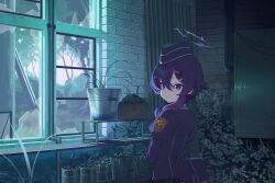  1girl back belt_bag blue_archive blush brick_wall broken_window bucket closed_mouth cool_colored curtains dim_lighting doremi_(doremi4704) emblem foliage from_behind game_asset garrison_cap grass hair_ornament hairclip halo haruka_(blue_archive) hat highres indoors long_sleeves looking_at_viewer looking_back messy_hair military_hat military_uniform nervous_smile non-web_source official_art plant potted_plant purple_hair purple_halo scenery self-datamine shelf short_hair_with_long_locks smile solo standing tree violet_eyes window 