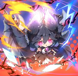  1girl absurdres black_bow black_dress black_hair blue_hair bow breasts character_request commentary_request dress gradient_hair grey_wings hair_between_eyes highres large_breasts looking_at_viewer milkpanda monster_hunter_(series) multicolored_hair parted_lips personification pointing pointing_at_viewer short_eyebrows solo thick_eyebrows violet_eyes wings 