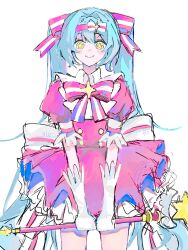  1girl aqua_hair back_bow bow bow_hairband bowtie commentary_request dress gloves hairband hatsune_miku highres holding holding_staff ima_sugu_rinne_(vocaloid) long_hair looking_at_viewer magical_girl magu_ne2 pink_bow pink_bowtie pink_dress pink_hairband puffy_short_sleeves puffy_sleeves short_sleeves simple_background smile solo staff star-shaped_pupils star_(symbol) striped_bow striped_bowtie striped_clothes symbol-shaped_pupils two-tone_bow two-tone_bowtie vocaloid white_background white_bow white_bowtie white_gloves 