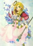  1girl acrylic_paint_(medium) aelinore_(dragon&#039;s_dogma) blonde_hair blush braid breasts butterfly capelet cleavage crown dragon&#039;s_dogma dress flower gem gown green_eyes highres lips long_dress long_hair ouri_(xxxbobxxx) scepter side_braid solo traditional_media 