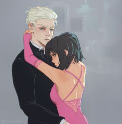  1boy 1girl armpits arms_around_another's_waist arms_around_neck artist_name back backless_dress backless_outfit bare_shoulders black_hair black_jacket blonde_hair blue_eyes bob_cut breasts bridal_gauntlets closed_mouth collared_shirt commentary criss-cross_back-straps dancing draco_malfoy dress elbow_gloves face-to-face gloves green_eyes grey_background hair_slicked_back hands_on_another's_hips hands_on_another's_neck harry_potter_(series) heads_together height_difference jacket jealous lace-trimmed_dress lace_trim looking_back makeup mandarin_collar mascara narrowed_eyes own_hands_together pansy_parkinson pink_dress pink_gloves serious shirt short_hair sideways_glance signature small_breasts spaghetti_strap static_opium suit_jacket twitter_username upper_body white_shirt wizarding_world 