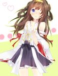  1girl ;) bare_shoulders blue_eyes blush brown_hair detached_sleeves double_bun hair_ornament hairband headgear heart heart-shaped_pupils highres japanese_clothes kantai_collection kongou_(kantai_collection) long_hair nontraditional_miko personification skirt smile solo symbol-shaped_pupils wink 