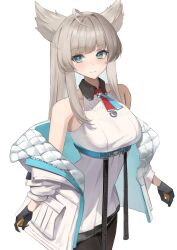  1girl absurdres ahoge animal_ears aqua_belt aqua_eyes aqua_jacket arknights arknights:_endfield bare_shoulders belt bird_ears bird_girl black_dress black_gloves black_pantyhose blush closed_mouth commentary_request cowboy_shot dress gloves grey_hair highres jacket long_hair looking_at_viewer multicolored_dress multicolored_gloves multicolored_jacket off_shoulder open_clothes open_jacket pantyhose perlica_(arknights) remapack77 short_dress simple_background sleeveless sleeveless_dress solo two-tone_dress two-tone_gloves two-tone_jacket underbust white_background white_dress white_jacket yellow_gloves yellow_pupils 