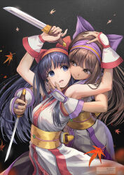  2girls ainu_clothes armpits arms_up artist_name autumn_leaves behind_another bilingual_commentary black_hair blue_eyes bluesky_username bow bridal_gauntlets brown_eyes brown_hair cheek-to-cheek closed_mouth commentary cowboy_shot dargain_x dual_persona falling_leaves hair_bow hairband hand_on_another's_cheek hand_on_another's_face hand_on_another's_head heads_together highres holding holding_knife knife leaf light_particles long_hair looking_at_another mixed-language_commentary multiple_girls murasaki_nakoruru nakoruru open_mouth purple_bow purple_hairband red_bow red_hairband samurai_spirits sash sheath smile standing twitter_username unsheathed white_bridal_gauntlets yellow_sash 