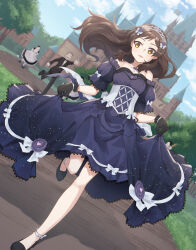  1boy 2girls black_gloves black_shoes blue_dress brown_eyes brown_hair castle commentary_request day detached_sleeves dress dutch_angle floating_hair gloves highres holding_own_dress idolmaster idolmaster_million_live! idolmaster_million_live!_theater_days kitazawa_shiho kitazawa_shiho_(princess_story) liselsia long_hair multiple_girls official_alternate_color official_alternate_costume outdoors princess puffy_detached_sleeves puffy_sleeves running shoes solo_focus standing tiara 