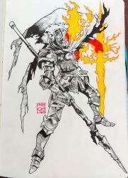  1boy armor artist_logo belt bracer cloak commentary cuirass dated dual_wielding elbow_pads elden_ring english_commentary facing_to_the_side fire flaming_sword flaming_weapon full_armor full_body gauntlets helm helmet highres holding holding_polearm holding_sword holding_weapon knee_pads leg_armor logo male_focus marker_(medium) monochrome paper_background pen_(medium) photo_(medium) poch4n polearm pyrokinesis roundtable_knight_vyke sabaton shoulder_armor solo spot_color standing sword torn_cloak torn_clothes traditional_media weapon 