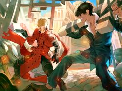  2boys black_hair black_pants blonde_hair city coat cross_punisher gun highres large_cross long_coat minami125509 multiple_boys nicholas_d._wolfwood orange-tinted_eyewear pants prosthesis prosthetic_arm red_coat revolver round_eyewear spiky_hair sunglasses tinted_eyewear trigun vash_the_stampede weapon 