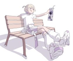  1girl arm_up blonde_hair chewing choker closed_mouth commentary_request drink_carton drinking_straw eating food from_side full_body highres holding holding_drink_carton holding_milk_carton hololive leg_warmers looking_ahead milk_carton multicolored_hair on_bench perspective purple_choker shirt shoes short_twintails shorts simple_background sitting sketch sneakers solo streaked_hair tentacle_in_mouth todoroki_hajime twintails upou violet_eyes white_background white_leg_warmers white_shirt white_shorts 