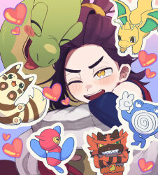  1boy black_hair blush blush_stickers closed_eyes commentary_request dragonite furret gloves heart highres hug hydrapple incineroar jacket kieran_(pokemon) long_sleeves male_focus multicolored_hair one_eye_closed open_clothes open_jacket open_mouth orange_eyes oteage partially_fingerless_gloves pokemon pokemon_(creature) pokemon_scarlet_and_violet poliwrath porygon-z purple_hair red_gloves red_tank_top simple_background single_blush_sticker tank_top tongue upper_body v 