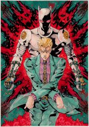 1boy 1other animal_ears aqua_jacket aqua_necktie aqua_pants belt belt_buckle black_belt black_gloves black_necktie blonde_hair border buckle cat_ears cheekbones collared_shirt colored_sclera colored_skin commentary crossed_arms diamond_wa_kudakenai english_commentary formal_clothes gloves highres jacket jojo_no_kimyou_na_bouken killer_queen kira_yoshikage kira_yoshikage's_pose looking_at_viewer male_focus necktie painting_(medium) pants partially_fingerless_gloves pink_skin pinstripe_pattern pinstripe_shirt purple_shirt red_eyes red_sclera shaded_face shirt skull slit_pupils stand_(jojo) striped_clothes striped_shirt suit suit_jacket traditional_media two-tone_necktie vertical-striped_clothes vertical-striped_shirt watercolor_(medium) white_border white_shirt xfkart 