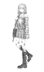  1girl absurdres arm_at_side badge bag bare_shoulders belt belt_boots belt_buckle blush boots bra_strap buckle button_badge choker closed_mouth commentary_request full_body graphite_(medium) greyscale hair_ornament hair_scrunchie hand_up highres holding holding_bag jewelry knee_boots long_hair long_sleeves looking_at_viewer miniskirt monochrome necklace nose_blush off-shoulder_shirt off_shoulder original plaid_clothes plaid_skirt print_shirt print_thighhighs scrunchie shirt shoulder_bag skirt sleeves_past_wrists solo standing standing_on_one_leg star_(symbol) star_hair_ornament star_print straight_hair striped_sleeves subfiction thigh-highs thigh_strap traditional_media two_side_up walking wispy_bangs 