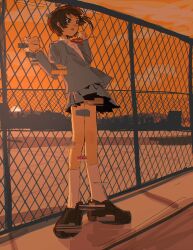  1girl asymmetrical_hair blazer blush brown_eyes brown_hair brown_shoes censored chain-link_fence city cityscape clothes_lift collared_shirt commentary dress_shirt fence floating_hair floating_neckwear full_body glitch glitch_censor grey_jacket grey_skirt hair_ornament hair_ribbon hands_up highres imminent_death imminent_suicide iwakura_lain jacket kneehighs kyousuke_(ha11uc1n0gen) light_blush loafers long_sleeves looking_afar looking_ahead miniskirt neck_ribbon nose_blush orange_sky outdoors parted_lips pleated_skirt red_ribbon ribbon rooftop school_rooftop school_uniform serial_experiments_lain shirt shoes short_hair single_sidelock sketch skirt skirt_lift sky skyline socks solo standing sun sunset untranslatable_commentary upskirt w_arms white_shirt white_socks wind wind_lift x_hair_ornament yellow_ribbon 