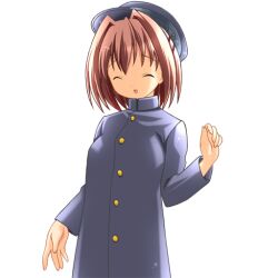  1girl 2000s_(style) black_jacket breasts brown_hair closed_eyes collared_jacket cowboy_shot gakuran game_asset hair_between_eyes hair_intakes half_updo hat hogeroh jacket large_variant_set long_sleeves medium_breasts natsuki_mayu non-web_source open_mouth raised_inner_eyebrows ryoujoku_gakuen school_uniform self-datamine simple_background smile solo tented_shirt transparent_background variant_set 