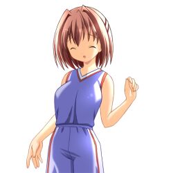  1girl 2000s_(style) basketball_shorts basketball_uniform breasts brown_hair closed_eyes cowboy_shot game_asset gym_uniform hair_between_eyes hair_intakes half_updo hogeroh large_variant_set medium_breasts natsuki_mayu non-web_source open_mouth raised_inner_eyebrows ryoujoku_gakuen self-datamine shorts simple_background sleeveless smile solo sportswear tented_shirt transparent_background variant_set 