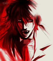  1boy alucard_(hellsing) commentary_request fangs hair_between_eyes hellsing highres limited_palette male_focus open_mouth portrait red_theme sharp_teeth signature solo teeth toshimichi_yukari vampire 
