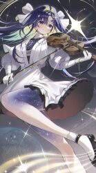  1girl absurdres black_background black_hairband black_shoes blonde_hair blue_eyes blue_hair bow_(music) chama_(chacoc0) chromatic_aberration closed_mouth colored_inner_hair commentary dress foot_out_of_frame gloves gradient_background grey_background grey_hair hair_intakes hair_ornament hairband highres holding holding_bow_(music) holding_instrument holding_violin instrument leg_up long_hair looking_at_viewer mary_janes multicolored_hair planet playing_instrument reverse:1999 shoes short_dress smile socks solo sparkle star_(symbol) star_hair_ornament starry_skin very_long_hair violin voyager_(reverse:1999) white_dress white_gloves white_socks 