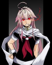  1girl ahoge black_gloves blonde_hair commentary eye_trail fingerless_gloves gloves grin hair_flaps hair_ornament hair_ribbon hairclip hand_on_own_hip irue kantai_collection light_trail long_hair looking_at_viewer neckerchief red_eyes red_neckerchief ribbon sailor_collar scarf school_uniform serafuku short_sleeves simple_background smile solo white_sailor_collar yuudachi_(kancolle) yuudachi_kai_ni_(kancolle) 