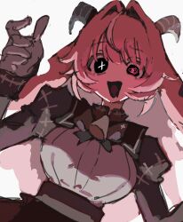 1girl :d @_@ apron asymmetrical_horns backward-facing_horns bell black_apron black_bow black_bowtie black_eyes black_horns black_sleeves bow bowtie breasts bright_pupils collared_shirt commentary_request crazy_eyes cross cross-shaped_pupils double-parted_bangs dutch_angle femme_soule from_below gloves goat_horns grey_gloves grey_horns grey_shirt hair_intakes highres horns inverted_cross juliet_sleeves l9tbol5 long_hair long_sleeves looking_at_viewer medium_breasts mismatched_horns mismatched_pupils neck_bell open_mouth pink_hair pink_pupils puffy_sleeves pukey_goddess_shot_trick shirt smile striped_clothes striped_shirt swept_bangs symbol-shaped_pupils triangle_mouth uneven_eyes upper_body vertical-striped_clothes vertical-striped_shirt white_background white_pupils 
