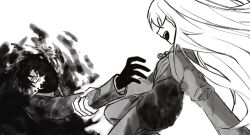  1boy 1girl 2io1lo angelica_(project_moon) commentary cracked_mask distortion_(project_moon) english_commentary gloves greyscale highres jacket jewelry library_of_ruina long_hair mask monochrome necklace open_mouth pants project_moon ring ring_necklace roland_(project_moon) simple_background smile smoke spoilers suit sweater very_long_hair wide-eyed 