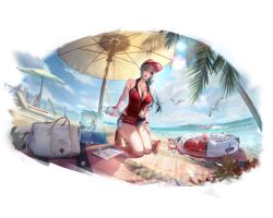  1girl artist_request bag bare_legs bare_shoulders beach beach_umbrella bird blister_pack bottle chain-link_fence clouds cloudy_sky cooler cutoffs day denim denim_shorts detached_sleeves eleven_(path_to_nowhere) fanny_pack fence green_umbrella grey_hair hair_over_one_eye hat highres holding holding_bottle ice ice_cube id_card incoming_gift kneeling leotard lifeguard long_hair motor_boat ocean official_alternate_costume official_art outdoors palm_tree partially_unzipped path_to_nowhere pill_bottle pink_lips pink_sleeves red_bag red_hat red_leotard red_pupils red_shoes red_visor sand sandals seagull shoes short_shorts shorts sky surfboard tray tree umbrella visor_cap water_bottle whistle whistle_around_neck white_bag yellow_eyes yellow_umbrella zipper zipper_pull_tab 