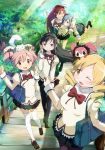  5girls adjusting_hair akemi_homura arm_around_neck bag black_hair blonde_hair blush bow bridge charlotte_(madoka_magica) drill_hair grin hairband kaname_madoka kyubey long_hair mahou_shoujo_madoka_magica miki_sayaka multiple_girls pink_hair sakura_kyouko school_bag school_uniform short_hair skirt smile thighhighs tomoe_mami twin_drills twintails ume_(plumblossom) wink yellow_eyes 