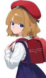  1girl backpack bag beret blue_dress blue_eyes brown_hair closed_mouth denare_(ysry2252) dress elementary_schoolmate_(idolmaster) from_side hat highres holding_strap idolmaster idolmaster_million_live! idolmaster_million_live!_theater_days long_sleeves looking_at_viewer looking_to_the_side official_alternate_costume randoseru red_bag red_hat shirt short_hair simple_background solo suou_momoko upper_body white_background white_shirt 
