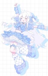  >_< 1girl absurdres arm_up arm_warmers blue_bow blue_shirt blue_shoes blue_skirt blush bow choker closed_eyes crop_top cropped_shirt drill_hair drop_shadow frilled_shirt frilled_skirt frills full_body grid_background hair_bow hair_ornament highres layered_skirt leg_warmers long_hair midriff navel open_mouth original platform_shoes puffy_short_sleeves puffy_sleeves shirt shoes short_sleeves sidelocks skirt smile solo thigh_strap two_side_up unini_(mopi) very_long_hair virtual_youtuber white_background white_hair 