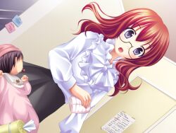  1girl 1other 2000s_(style) aged_up baby black_hair blue_eyes bow breasts dutch_angle fumizuki_yukari game_asset glasses grey_skirt hara_hara!! hat holding holding_tissue indoors long_hair lying medium_breasts non-web_source on_back open_mouth red_hair self-datamine sena_mirai_(hara_hara!!) shirt short_hair skirt standing tissue variant_set visual_novel_cg white_bow white_shirt wide-eyed 