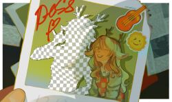  2girls animal_ears antlers blonde_hair character_signature checkered_sweater_vest commentary cyraphres december_holiday deer_antlers deer_ears deer_girl deltarune english_commentary fake_transparency furry furry_female guitar highres holding holding_photo horns instrument long_hair multiple_girls noelle_holiday one_eye_closed photo_(object) signature sticker utdr_(toby_fox) 