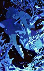  1girl a-kai202 absurdres barefoot black_background blue_skin blue_skirt closed_eyes colored_skin crop_top halterneck highres lapis_lazuli_(steven_universe) ripples short_hair skirt solo steven_universe water 
