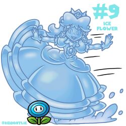  1girl artist_name brooch commentary crown dress earrings english_commentary flower_brooch flower_earrings frilled_gloves frills gloves gown highres ice_flower_(mario) ice_skin jewelry keidontlie medium_hair open_mouth pointed_crown princess princess_daisy puffy_sleeves simple_background smile solo sphere_earrings super_mario_bros. white_background 