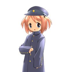  1girl 2000s_(style) black_hat black_jacket blue_eyes blush brown_hair cowboy_shot gakuran game_asset hair_intakes harukaze_yayoi_(ryoujoku_gakuen) hat hogeroh jacket large_variant_set long_sleeves non-web_source open_mouth oversized_clothes ryoujoku_gakuen school_uniform self-datamine simple_background sleeves_past_fingers sleeves_past_wrists smile solo standing swept_bangs tareme transparent_background two_side_up variant_set 