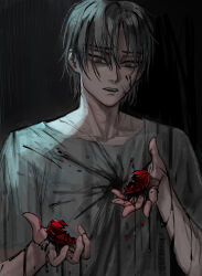  1boy absurdres alien_stage amareuss black_blood blood blood_splatter broken_heart commentary gem green_eyes grey_hair grey_shirt heart heart-shaped_gem highres holding holding_gem male_focus open_mouth red_gem shirt short_hair solo till_(alien_stage) 